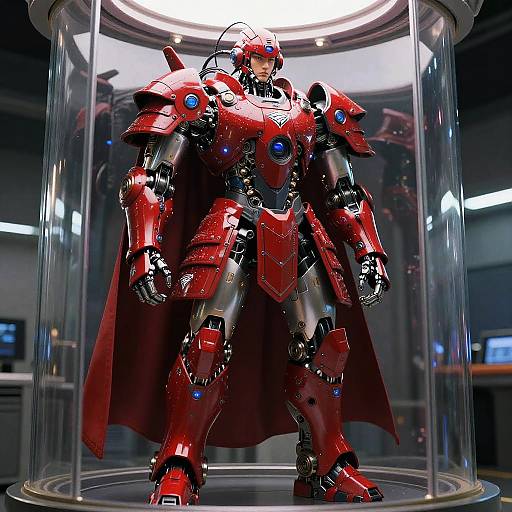 Photorealistic CGI of a red and silver robotic warrior with blue accents, standing in a transparent cylindrical display case, in a futuristic laboratory.