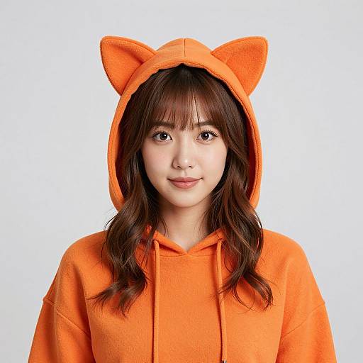 Photograph of a young Asian woman with brown hair, wearing an orange hooded sweatshirt with cat ears, smiling against a plain white background.