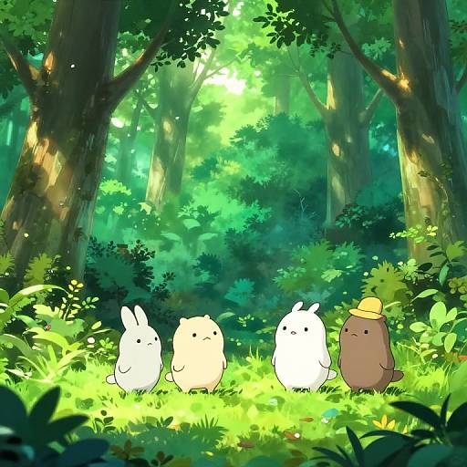 Digital anime-style illustration of three white rabbits and a brown bird wearing a yellow hat in a sunlit, lush forest.