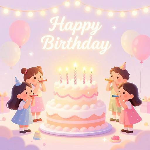 Digital illustration of five children celebrating with a large, lit birthday cake, surrounded by glowing lights and pink balloons.