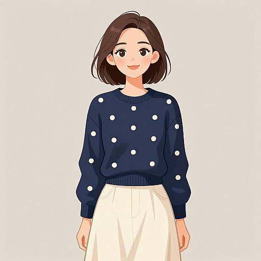 Smiling Woman in Navy Polka Dot Sweater