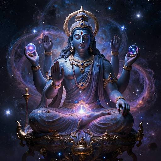 Digital artwork of a blue-skinned, multi-armed deity with a golden halo, holding glowing orbs, seated on an ornate throne in a cosmic