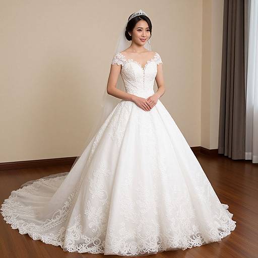 Photograph of an Asian bride with fair skin, black hair in an updo, wearing a white lace wedding dress and veil, standing in a simple