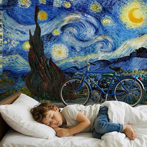 Child sleeping on white pillows in front of a vivid 