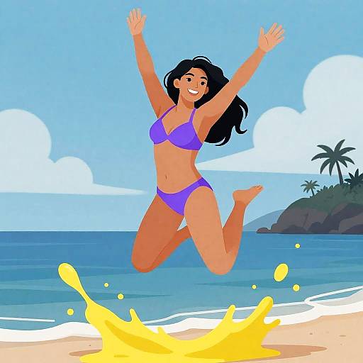 Joyful Woman Jumping by the Ocean