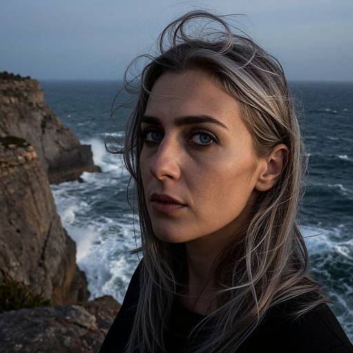 Photograph of a serious young woman with long, gray-streaked hair, blue eyes, and fair skin, standing by a rocky ocean cliff with