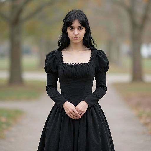 Photograph of a young woman with long black hair, pale skin, and intense gaze, wearing a black, Victorian-style dress, standing on a blurred