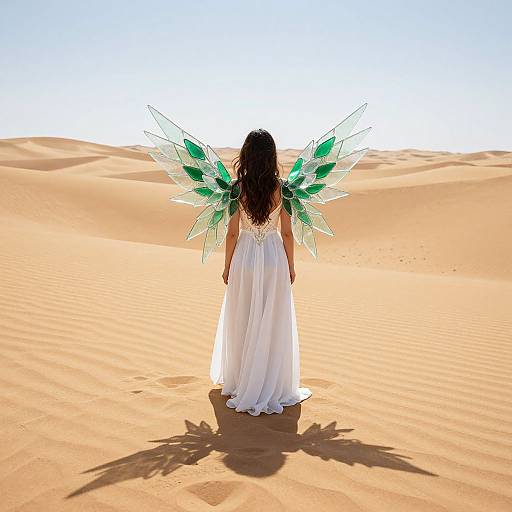 Photograph of a woman with long dark hair, wearing a white flowing gown and green crystal-like wings, standing alone in a sunlit, sandy desert