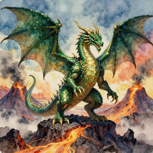 Emerald Green Dragon on Volcanic Peak