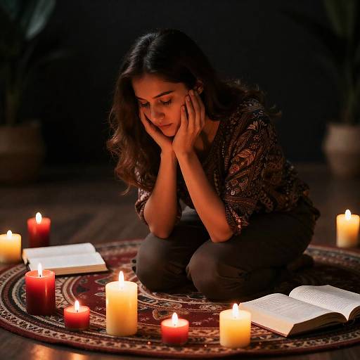 Woman Praying with Candles and Books
