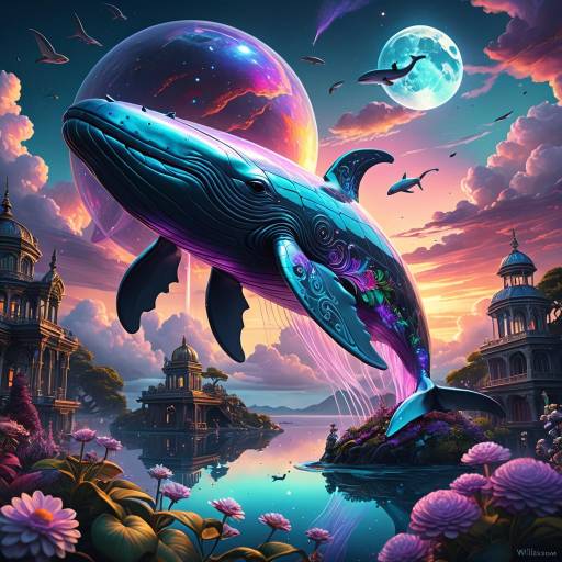 Surreal Blue Whale in Fantasy Landscape