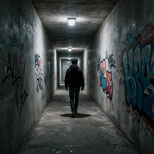 Photograph of a lone figure in a dimly lit, graffiti-covered underground tunnel, viewed from behind, with fluorescent lights overhead.