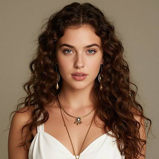 Photograph of a young woman with long, wavy brown hair, fair skin, blue eyes, wearing a white sleeveless top and gold necklaces
