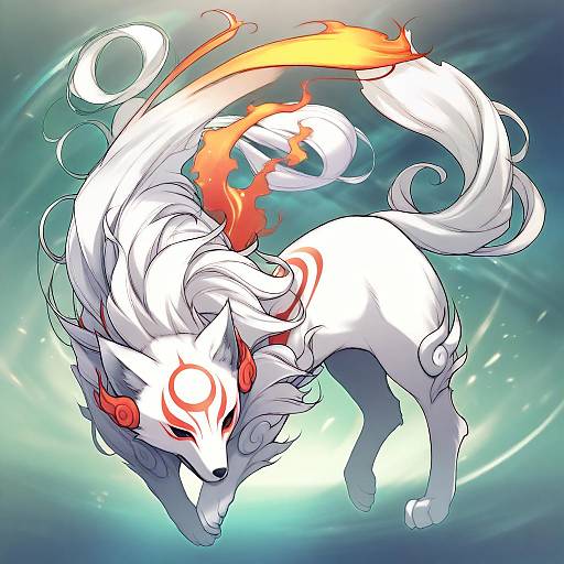 Illustration of Amaterasu (ookami), ookami (game) in the style of Yoko juusuke