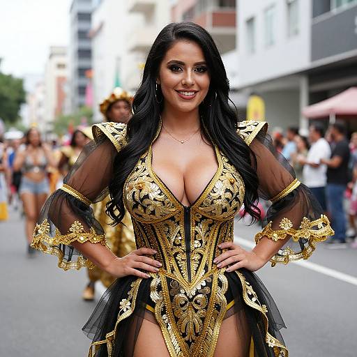 Photograph of a smiling woman with long black hair, large breasts, wearing an ornate black and gold corset with sheer sleeves, standing confidently in