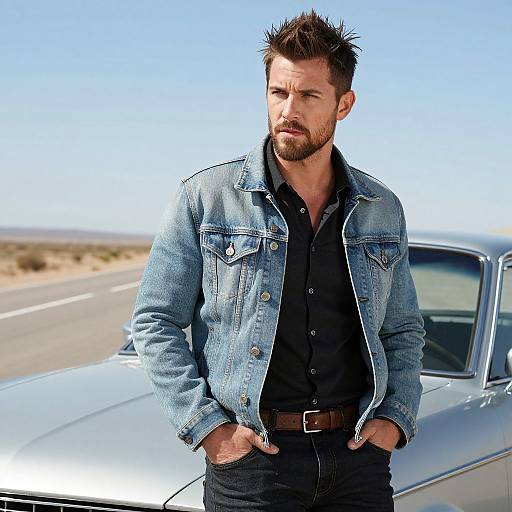 Photograph of a bearded man with spiked hair, wearing a blue denim jacket over a black shirt, standing by a silver car on a desert road