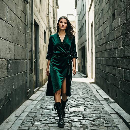 Woman Walking in Emerald Green Velvet Dress on Cobblestone Alley
