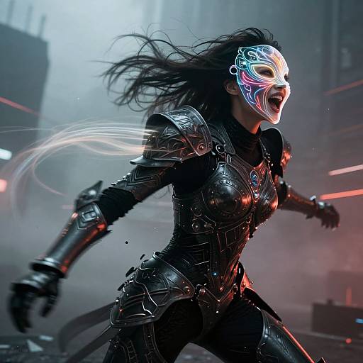 Digital CGI of a fierce female warrior with long black hair, wearing ornate black armor and a glowing white mask, roaring in an urban, misty