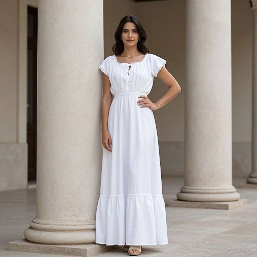 Photograph of a dark-haired woman in a white, short-sleeved, maxi dress standing between tall, beige columns in a sunlit courtyard.