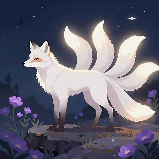 Illustration of Nine-Tailed White Fox at Night