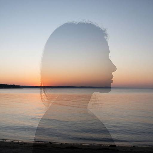 Silhouetted profile of woman with long hair against sunset over calm lake, gradient sky from orange to blue. Digital artwork.