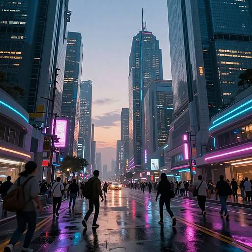Photograph of a bustling, neon-lit urban street at dusk, with reflective wet pavement, tall skyscrapers, and diverse pedestrians walking.