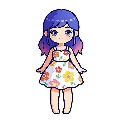 Chibi-style digital drawing of a cute girl with blue-purple hair, wearing a white floral dress, standing against a white background.