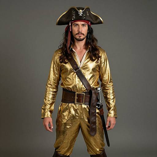 Photograph of a man with long hair, wearing a gold pirate outfit, black tricorn hat, brown belt, and dark brown sash, against