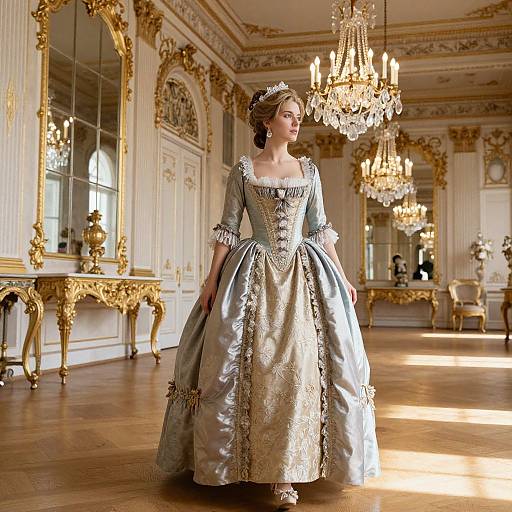Photograph of a woman in an ornate, silver-blue baroque gown with intricate embroidery, standing in a luxurious, gold-decorated ballroom