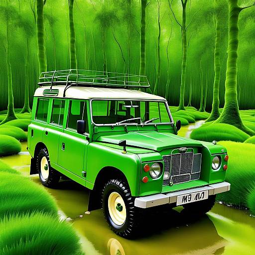 Classic Green Land Rover in Fantasy Forest