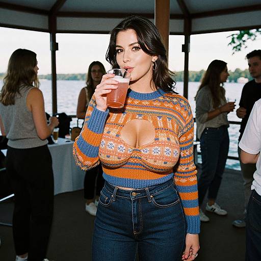Photograph of a curvy woman with large breasts, wearing an orange and blue patterned sweater and high-waisted jeans, sipping a drink