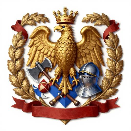 Digital illustration of a golden eagle with crown, crossed axes, shield, and helmet, surrounded by laurel wreath and red ribbon.
