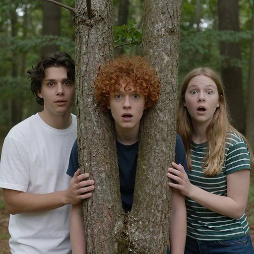 Surprised Trio Hidden in Forest