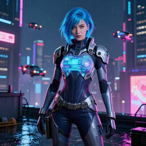 Digital art of a blue-haired woman in futuristic, neon-lit rain, wearing a black and silver armored suit with glowing blue chest emblem, standing confidently