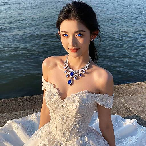 Bride with Sapphire Eyes and Diamond Necklace by Waterfront