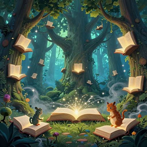 Whimsical forest scene: glowing books float around, illuminated by a central magical book; two cute animals, a black cat and a brown squirrel,