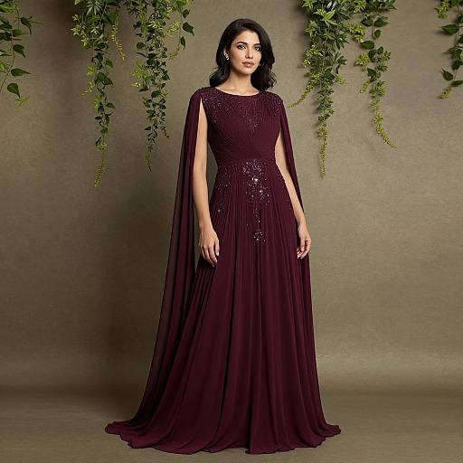 Elegant Maroon Gown with Flowing Cape