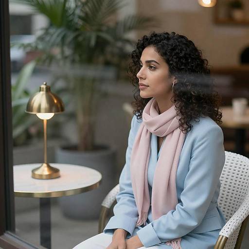 Woman in light blue jacket and pink scarf looking out window
