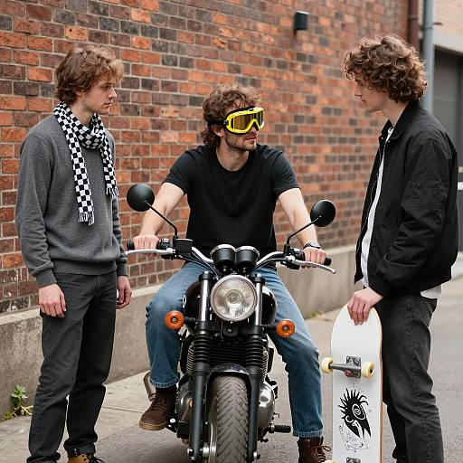 Three Young Men in Urban Alley with Motorcycle and Skateboard