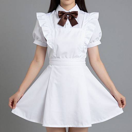 Photograph of an Asian woman in a white, short-sleeved, flared, schoolgirl-style dress with a brown bow tie, standing against