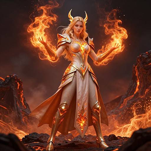 Digital artwork of a blonde, armored female warrior with horns, conjuring fiery magic in a volcanic landscape. Golden armor contrasts fiery orange flames. She stands