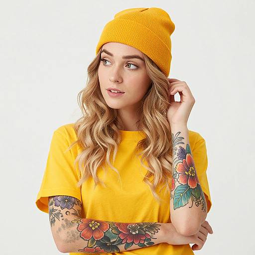 Photograph of a blonde woman with wavy hair, wearing a bright yellow beanie and shirt, showcasing colorful floral tattoos on her arms, against a