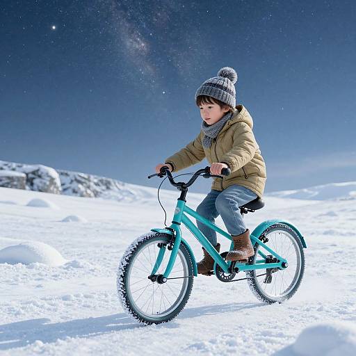 Photograph of a young Asian boy in a beige jacket, gray beanie, and brown boots, riding a turquoise mountain bike through a snowy night landscape