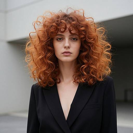Photograph of a pale-skinned woman with voluminous, curly red hair, wearing a black V-neck blazer, standing in an urban outdoor setting