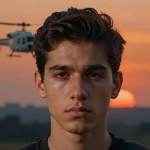 Young Man with Helicopter at Sunset