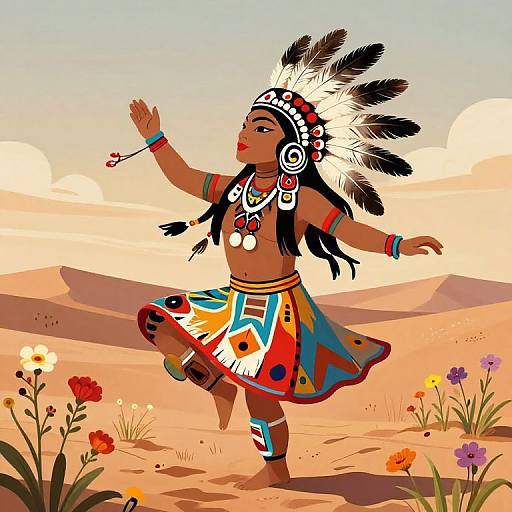 Digital illustration of a dark-skinned Native American woman dancing in a desert, wearing colorful traditional attire, feathered headdress, and beaded jewelry,