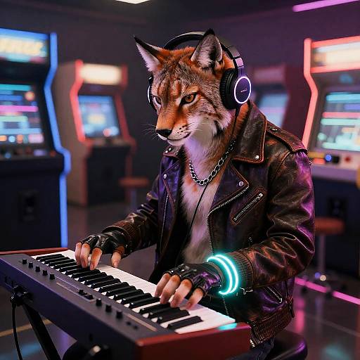 Anthropomorphic Lynx Playing Synthesizer in Neon Arcade