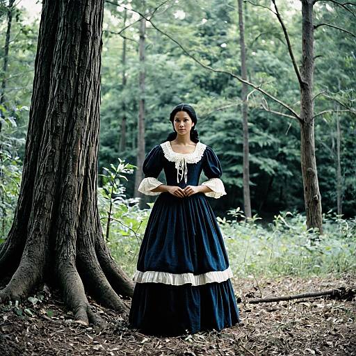 Woman in Colonial Dress Standing in Forest