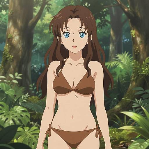 Lush Anime Forest Scene with Young Woman