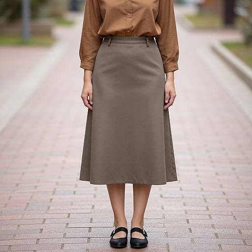 Photograph of a woman from neck to ankles, wearing a brown blouse, high-waisted gray skirt, and black Mary Jane shoes, standing on